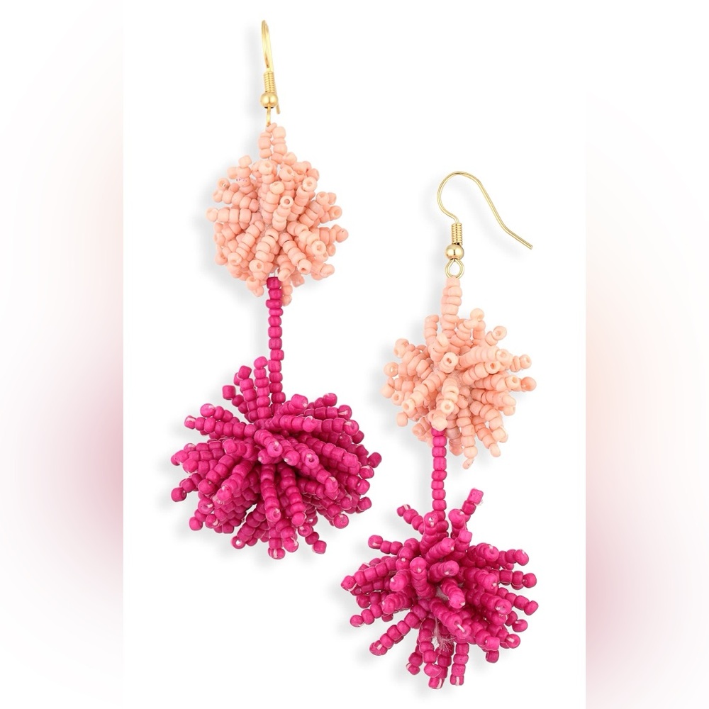 Cara Couture Peach and Hot Pink Beaded Double Pom Drop Earrings